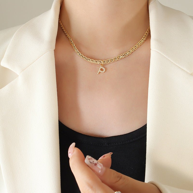 Brass Inlaid Zircon Letter Pendant Necklace - Celeste    