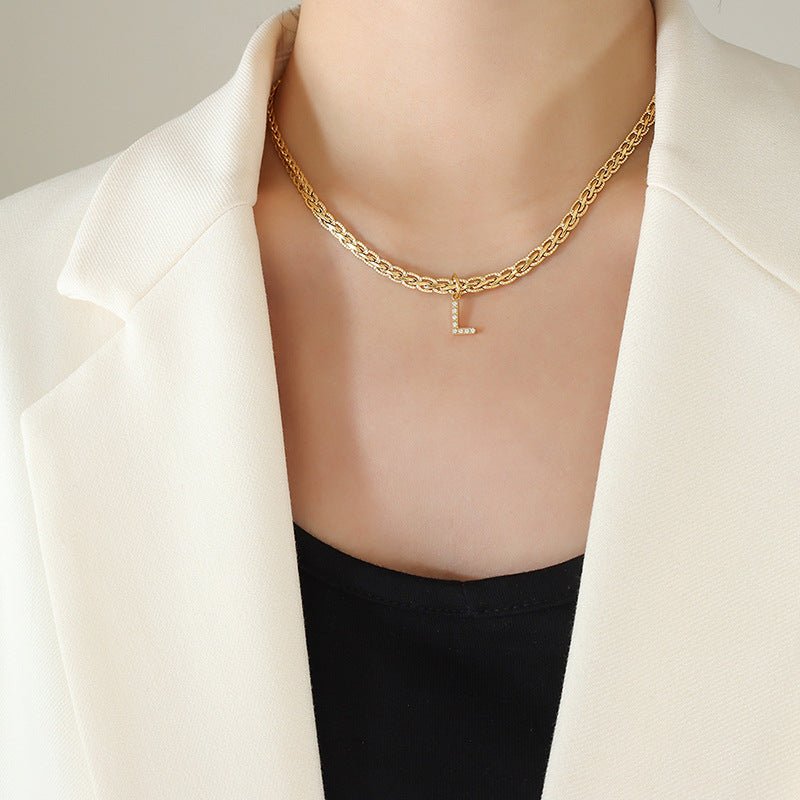 Brass Inlaid Zircon Letter Pendant Necklace - Celeste    