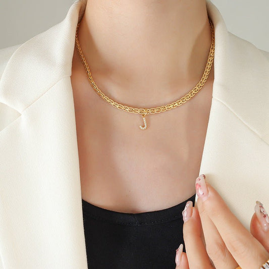Brass Inlaid Zircon Letter Pendant Necklace - Celeste    