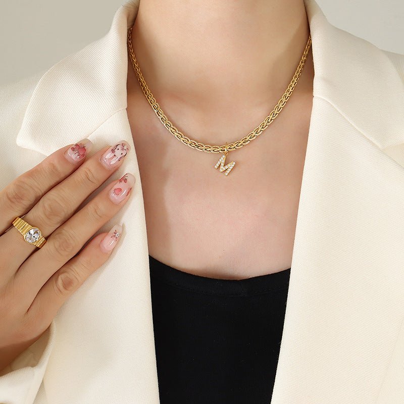 Brass Inlaid Zircon Letter Pendant Necklace - Celeste    