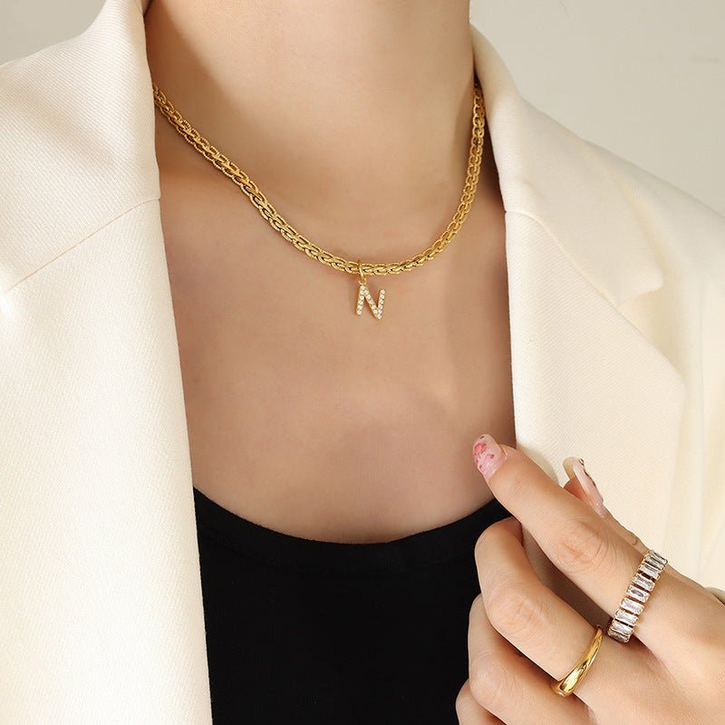 Brass Inlaid Zircon Letter Pendant Necklace - Celeste    