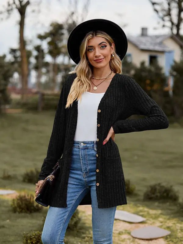 Brushed pitted solid color long-sleeved ladies cardigan - Celeste    