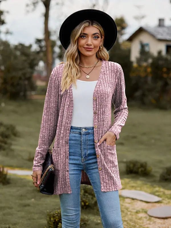 Brushed pitted solid color long-sleeved ladies cardigan - Celeste    