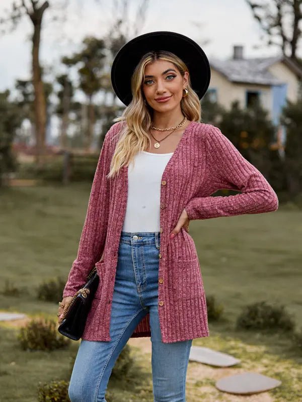 Brushed pitted solid color long-sleeved ladies cardigan - Celeste    