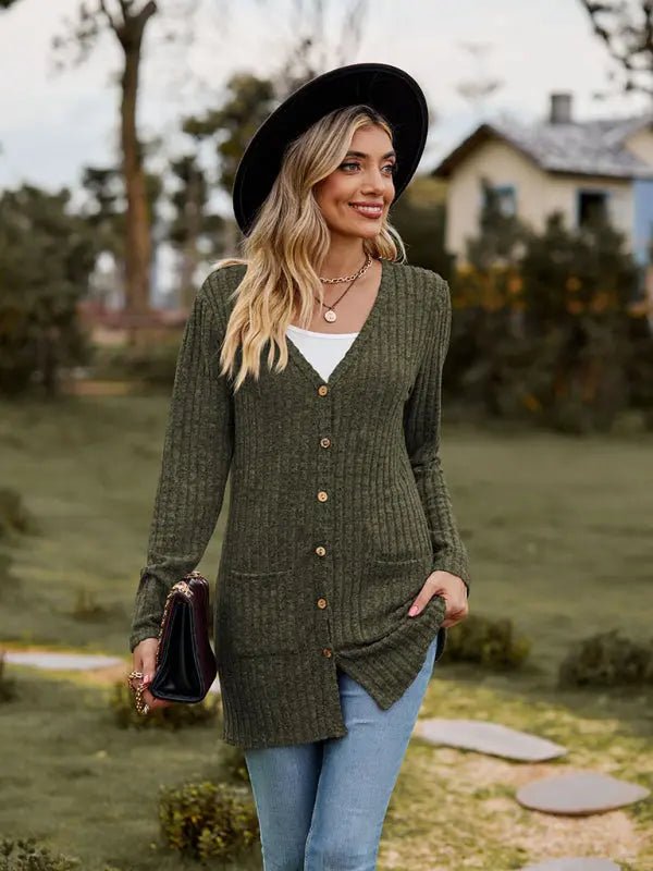 Brushed pitted solid color long-sleeved ladies cardigan - Celeste    