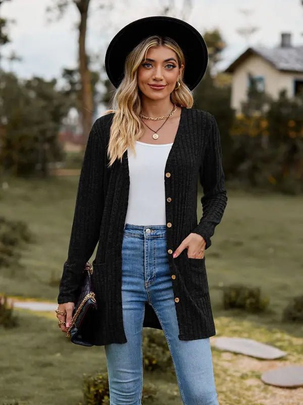 Brushed pitted solid color long-sleeved ladies cardigan - Celeste    