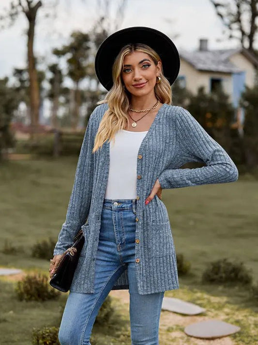 Brushed pitted solid color long-sleeved ladies cardigan - Celeste    