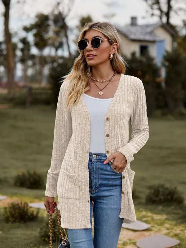 Brushed pitted solid color long-sleeved ladies cardigan - Celeste    