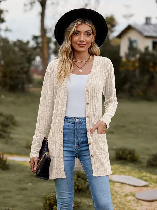 Brushed pitted solid color long-sleeved ladies cardigan - Celeste    