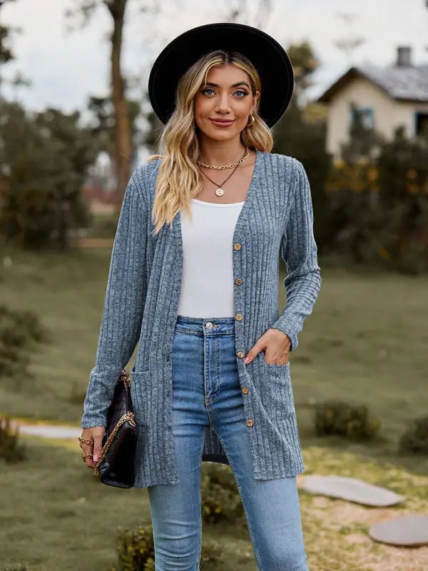 Brushed pitted solid color long-sleeved ladies cardigan - Celeste    