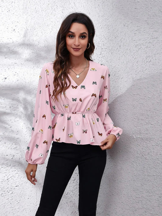 Butterfly V-Neck Balloon Sleeve Peplum Blouse - Celeste    