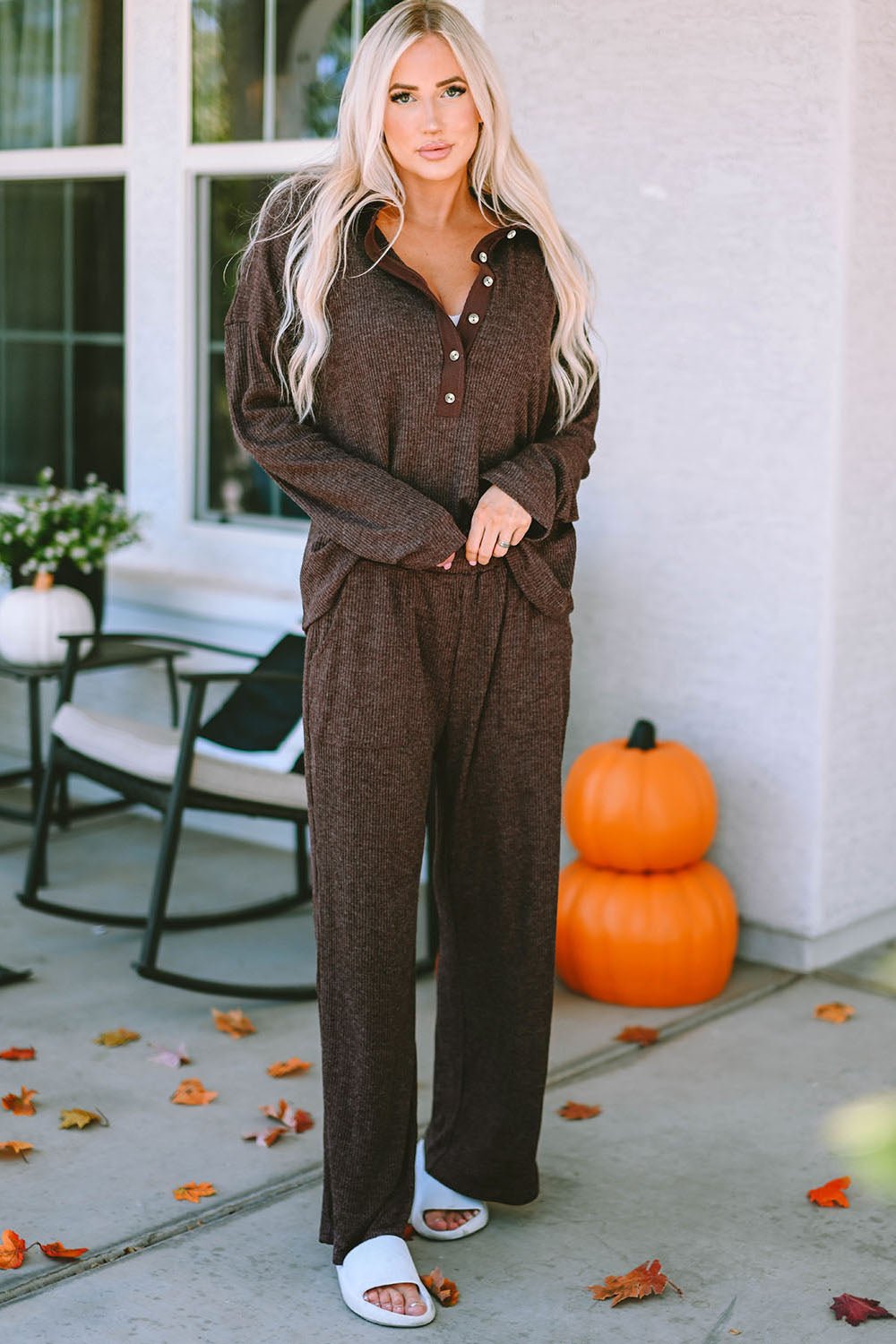 Buttoned Long Sleeve Top and Long Pants Lounge Set - Celeste    