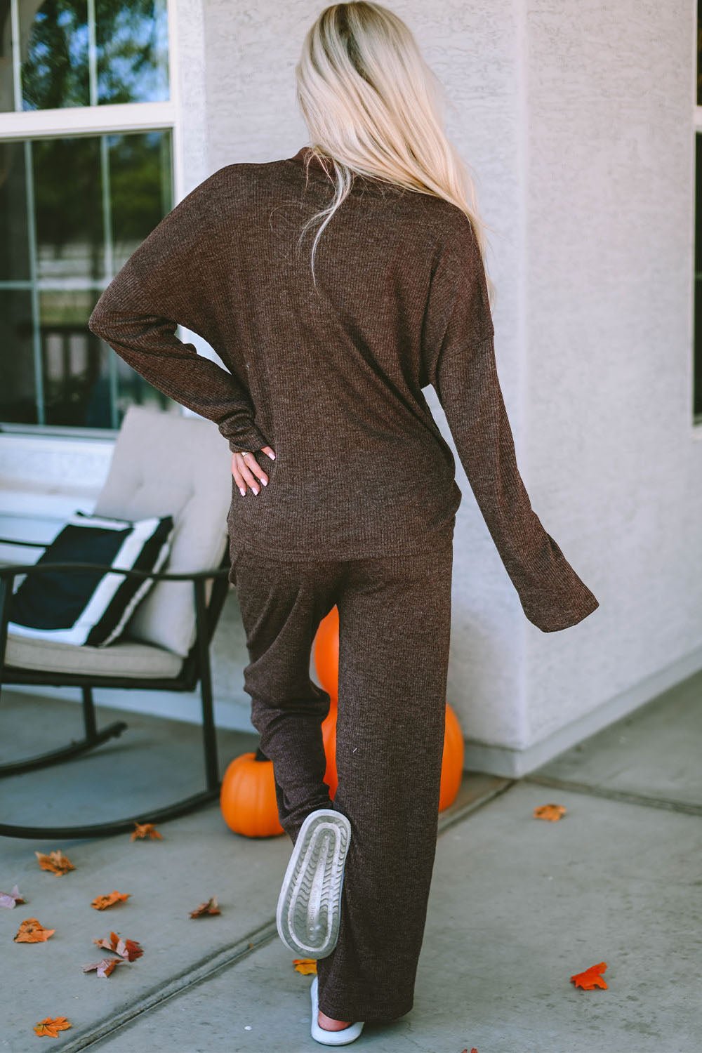 Buttoned Long Sleeve Top and Long Pants Lounge Set - Celeste    
