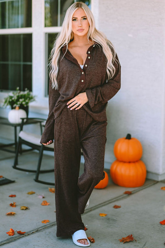 Buttoned Long Sleeve Top and Long Pants Lounge Set - Celeste    