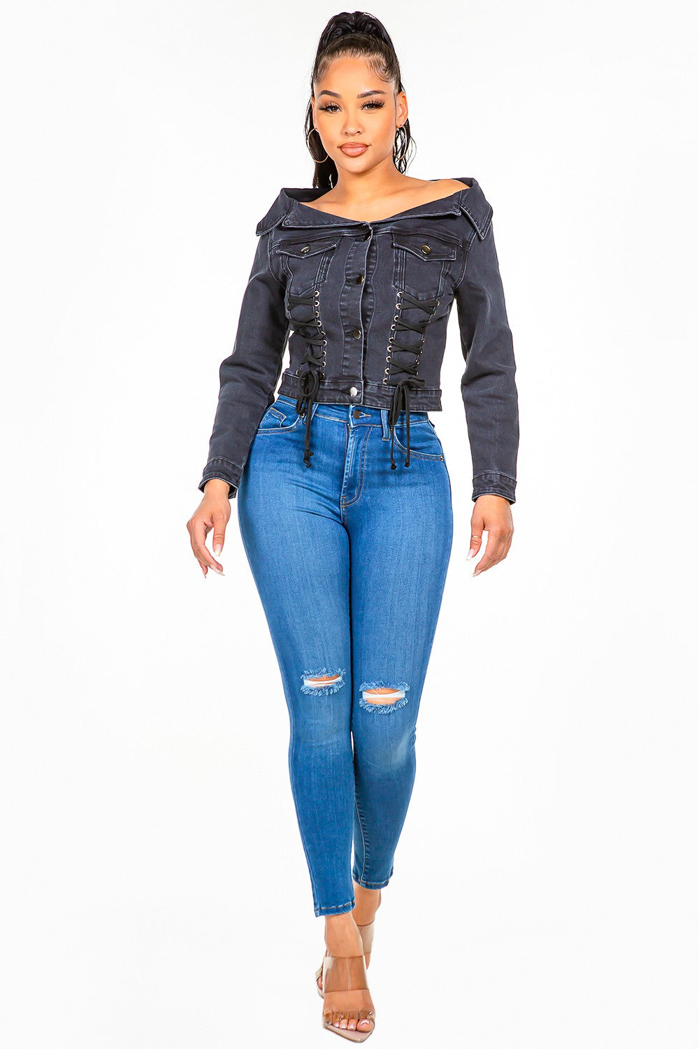American Bazi Off Shoulder Lace Up Denim Jacket - Celeste    