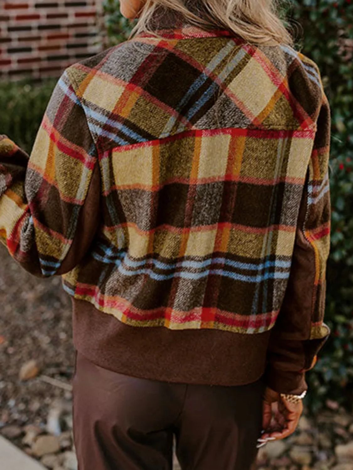 Pocketed Plaid Long Sleeve Jacket - Celeste    