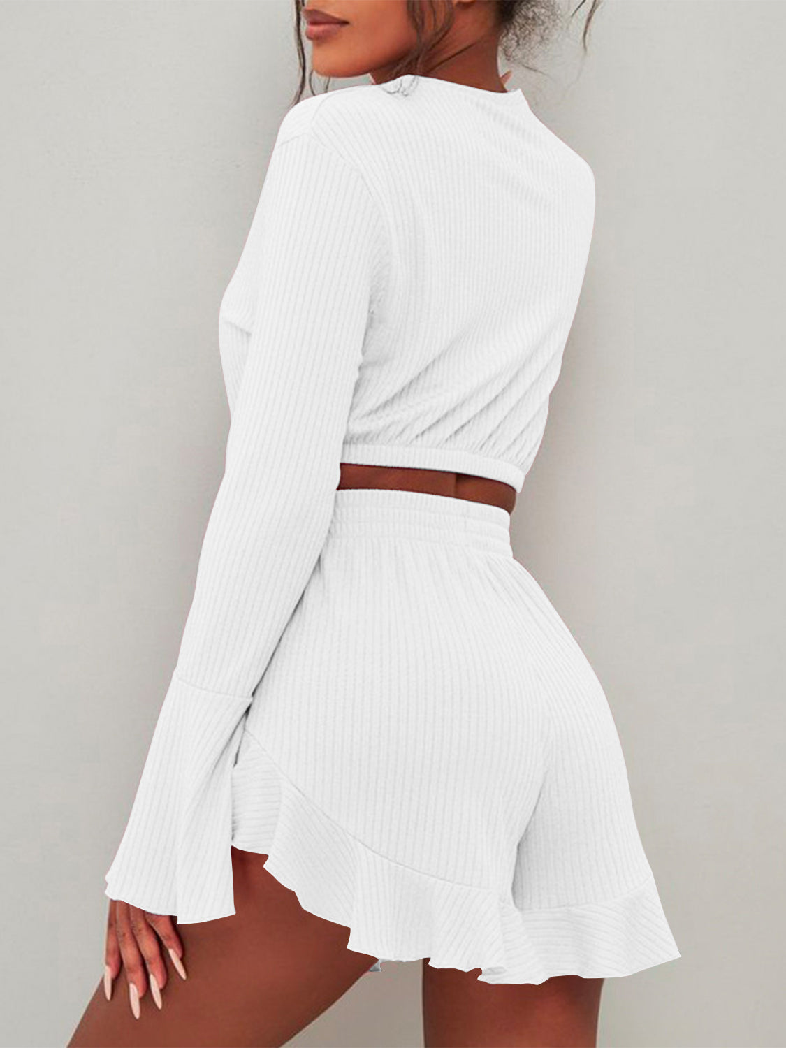 Round Neck Long Sleeve Top and Ruffled Shorts Set - Celeste    