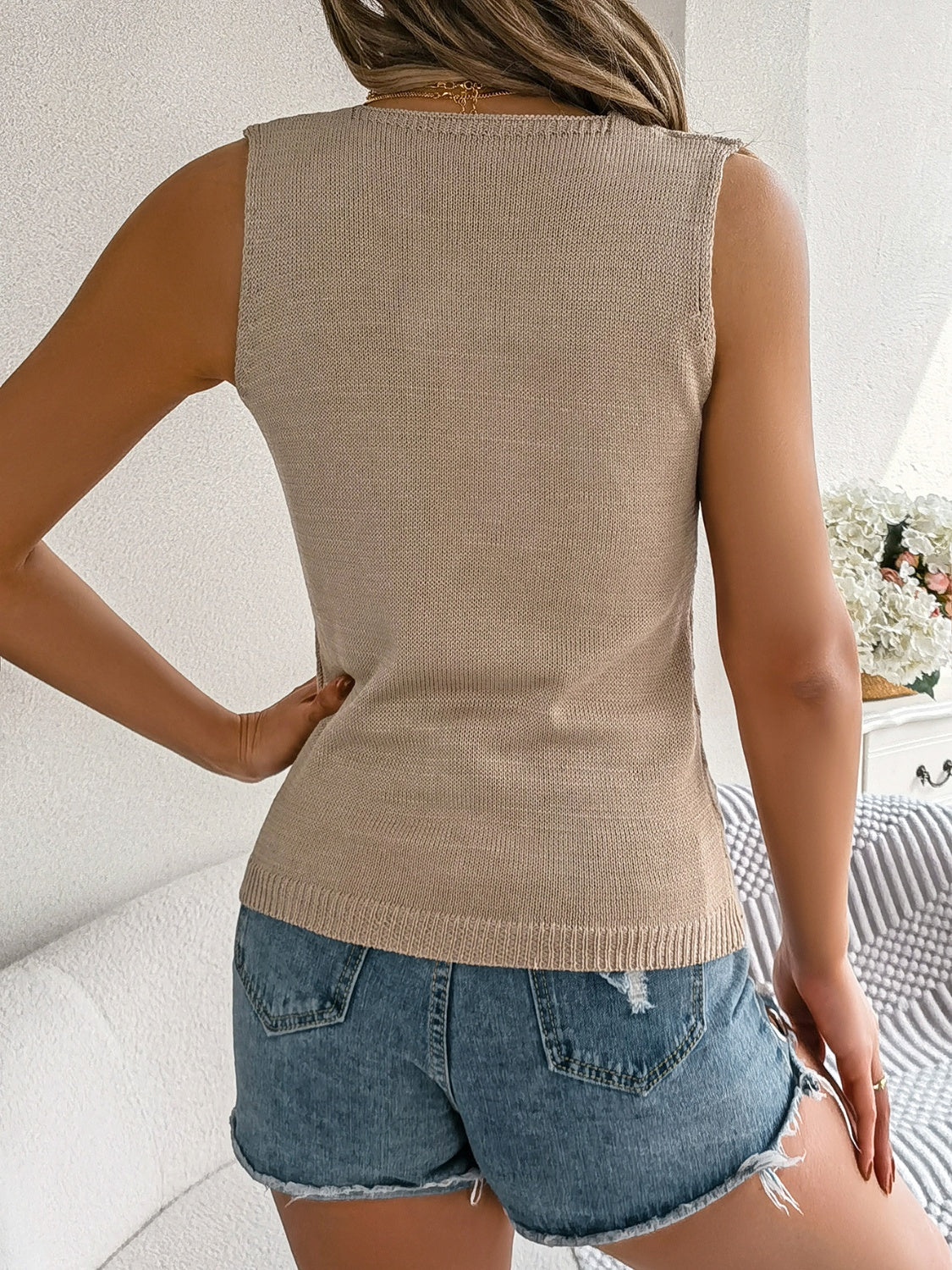 Openwork V-Neck Knit Vest - Celeste    