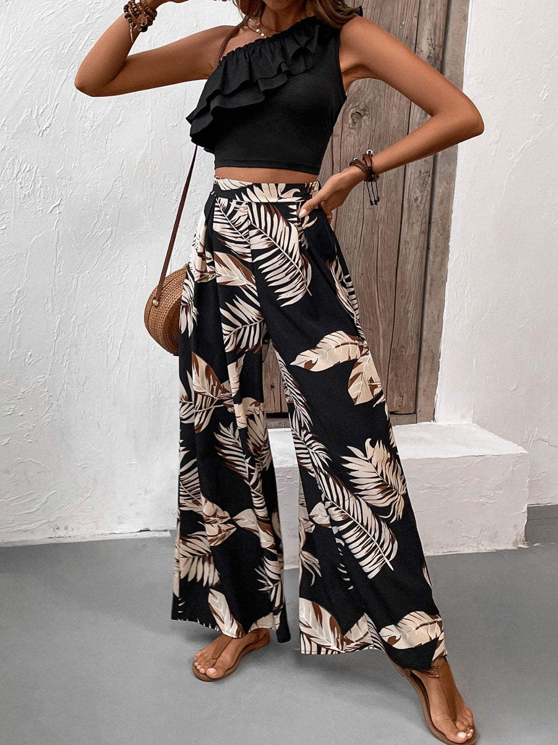 Honey Ruffled Sleeveless Top and Printed Pants Set - Celeste    