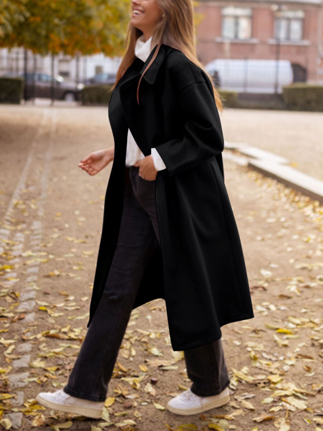 Pocketed Collared Neck Long Sleeve Coat - Celeste    
