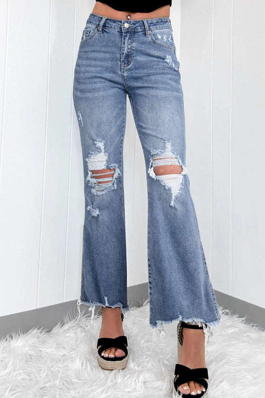 Distressed Raw Hem Bootcut Jeans - Celeste    