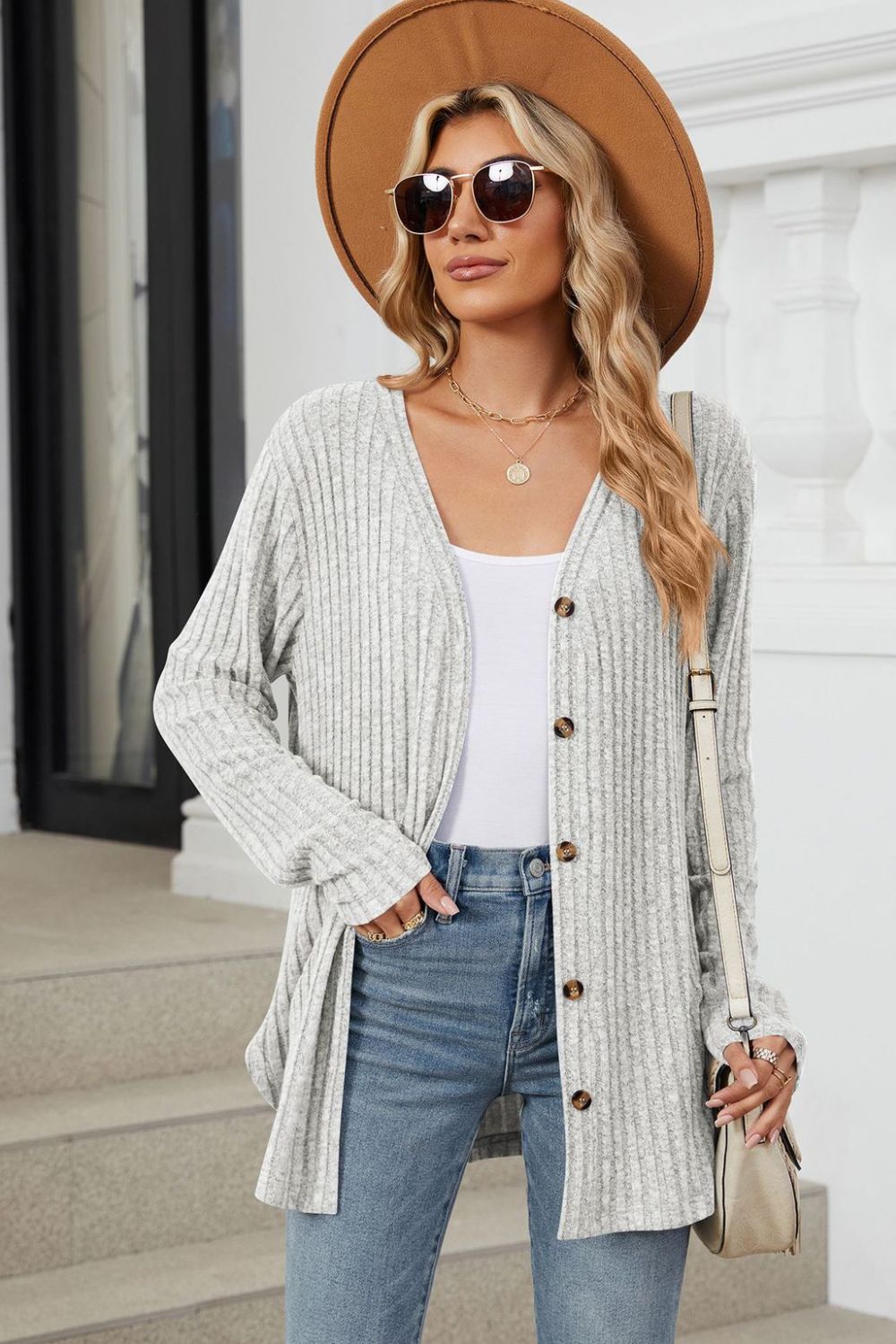 Loose Button Up Long Sleeve Cardigan - Celeste  Sweaters & Cardigans/Cardigans  