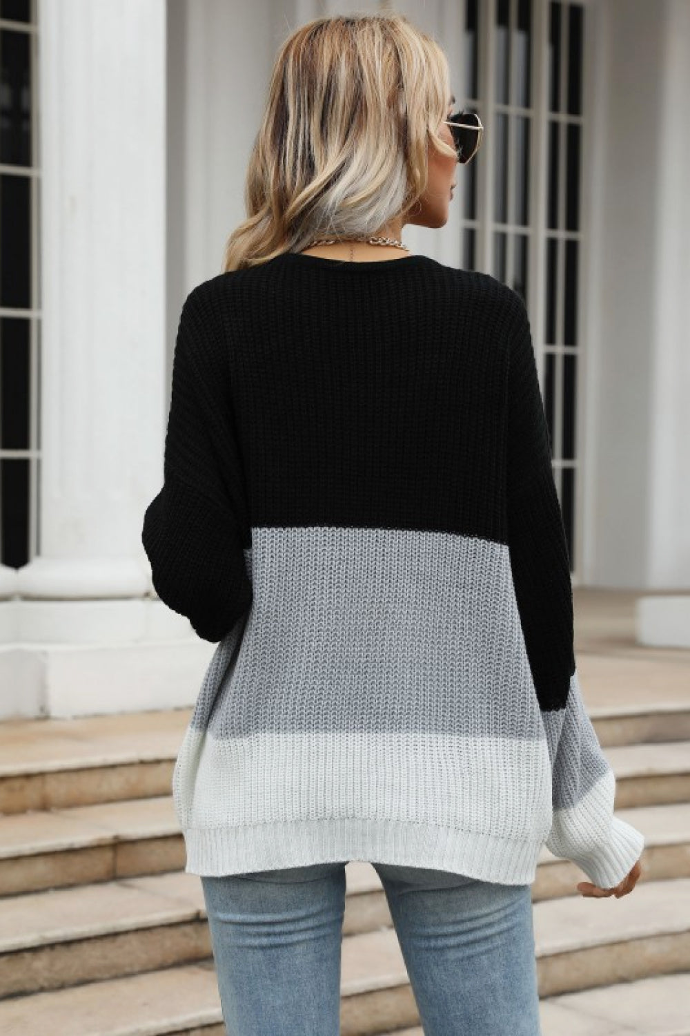 Perfee Color Block Long Sleeve Chunky Knit Sweater - Celeste    