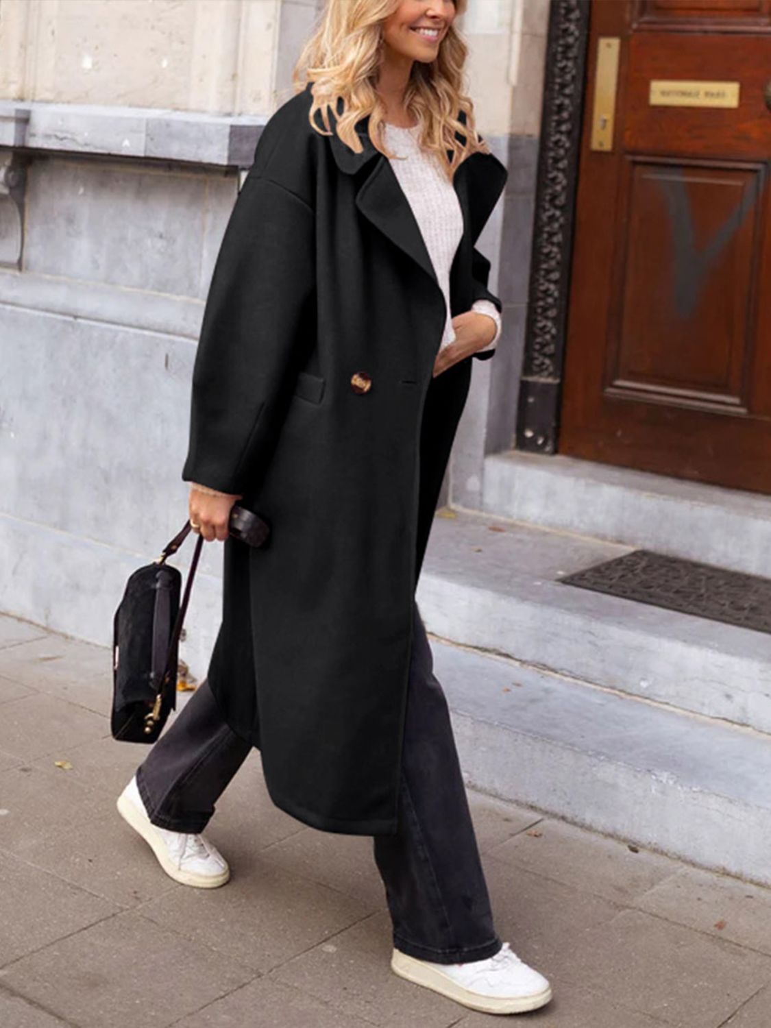 Pocketed Collared Neck Long Sleeve Coat - Celeste    