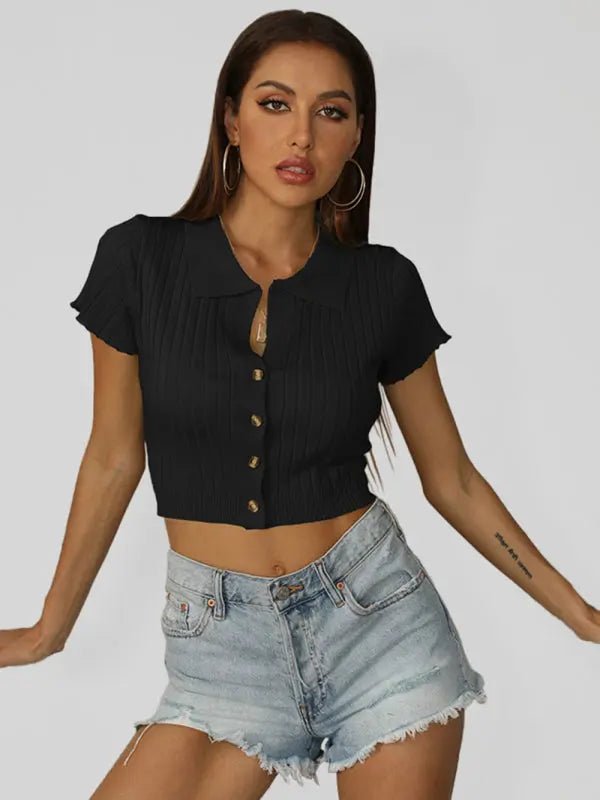 Casual Slim Knit Short Sleeve Top - Celeste    