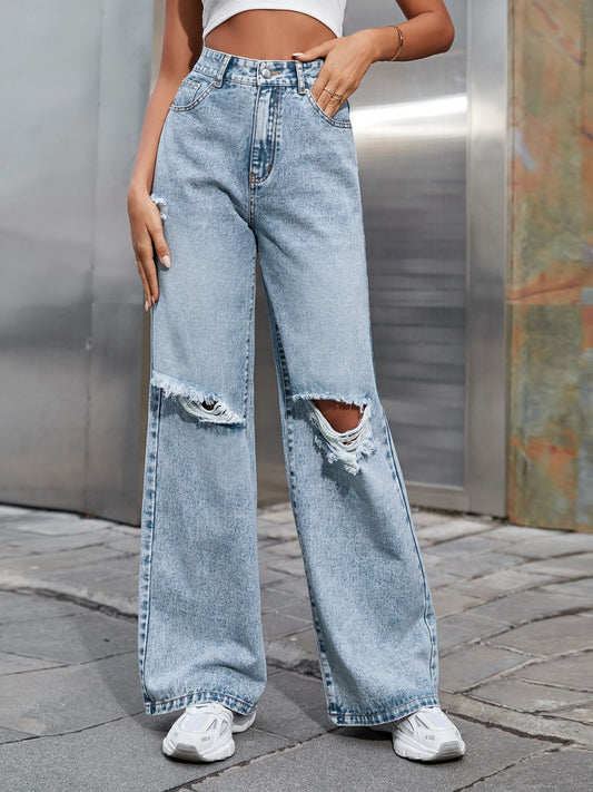 Distressed Wide Leg Jeans with Pockets - Celeste    