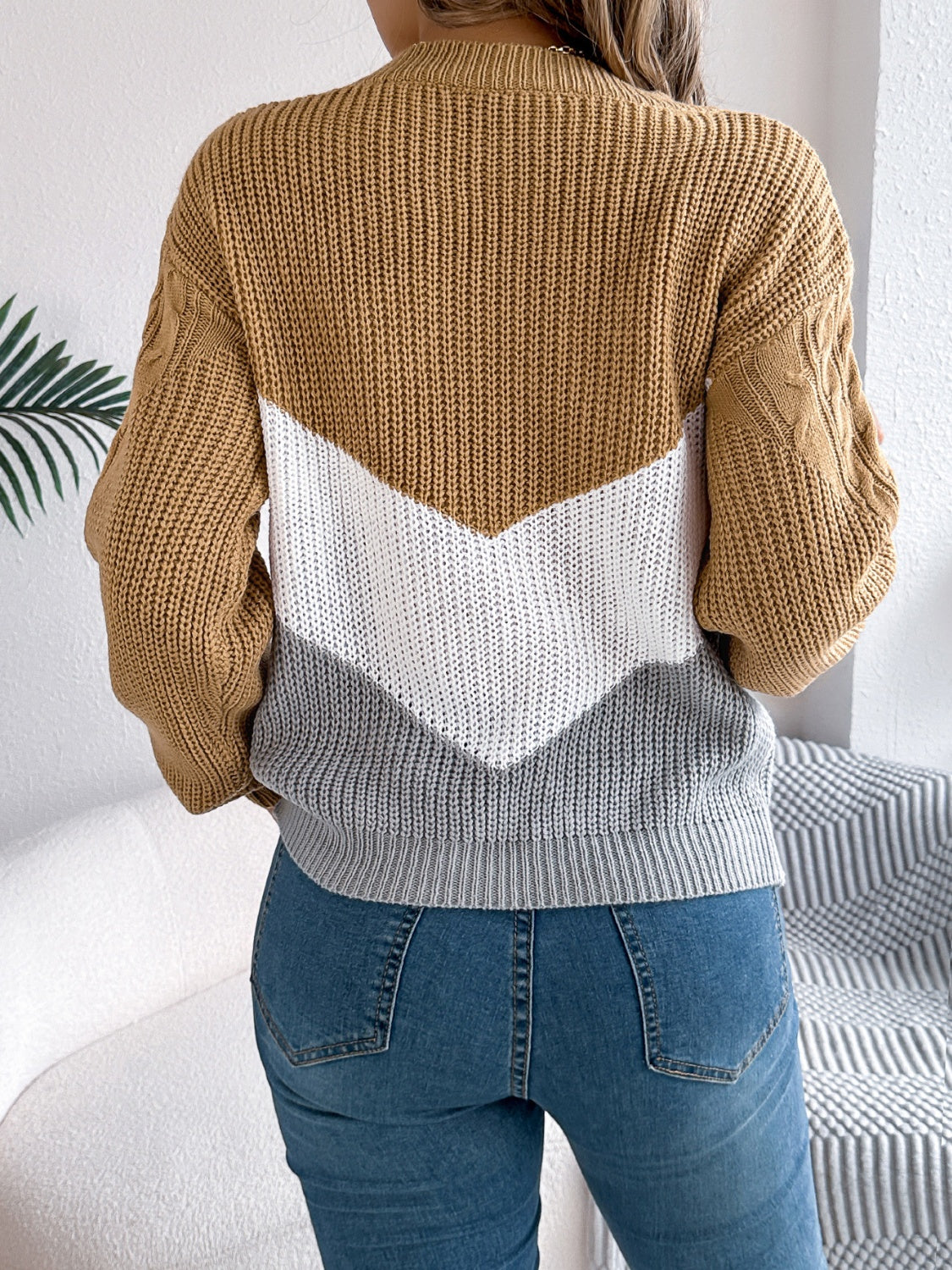 Cable-Knit Color Block Round Neck Sweater - Celeste    