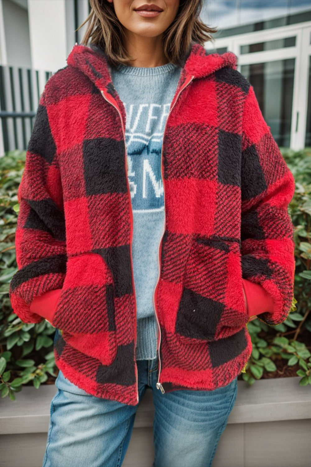 Double Take Full Size Plaid Long Sleeve Hooded Coat - Celeste    