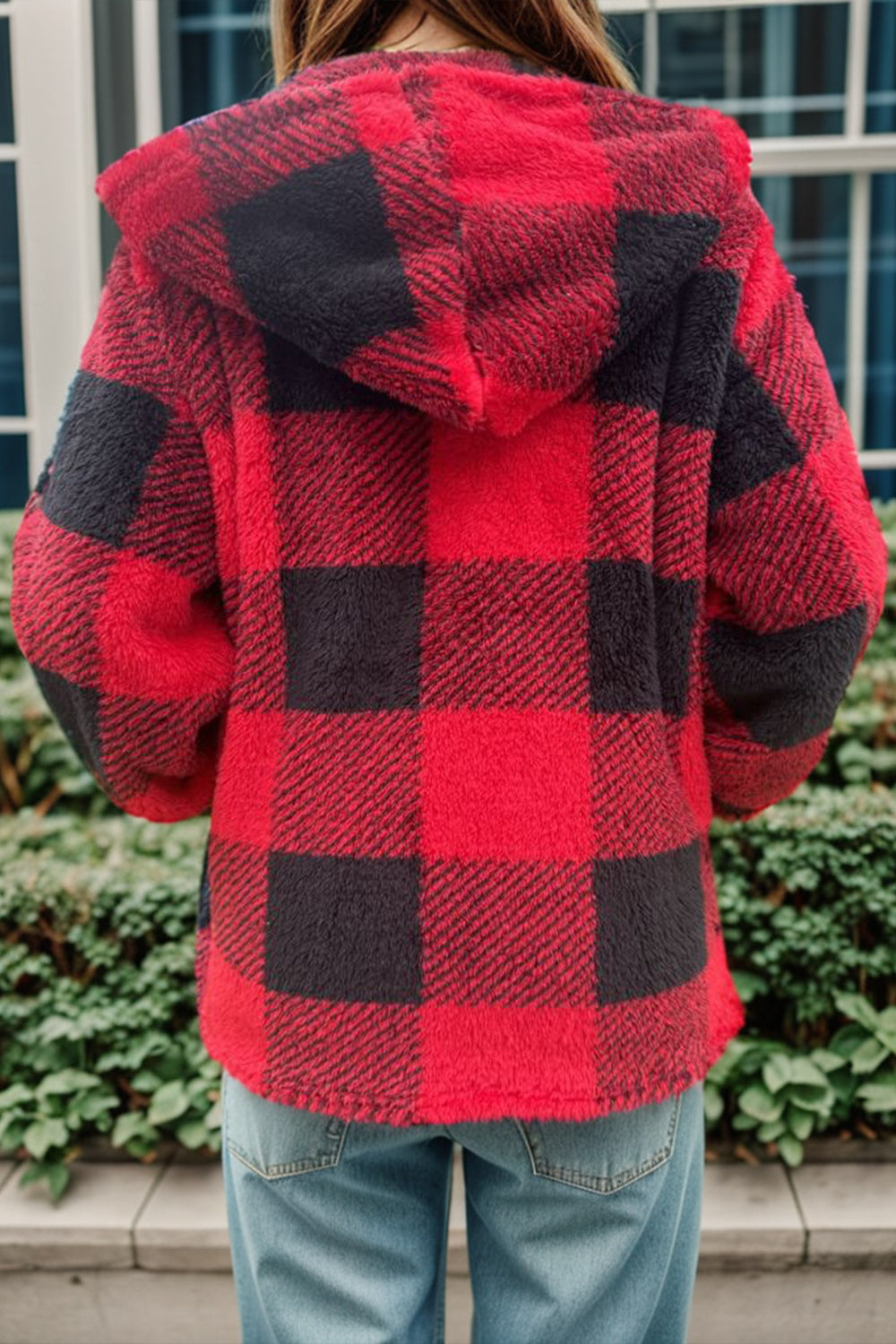 Double Take Full Size Plaid Long Sleeve Hooded Coat - Celeste    