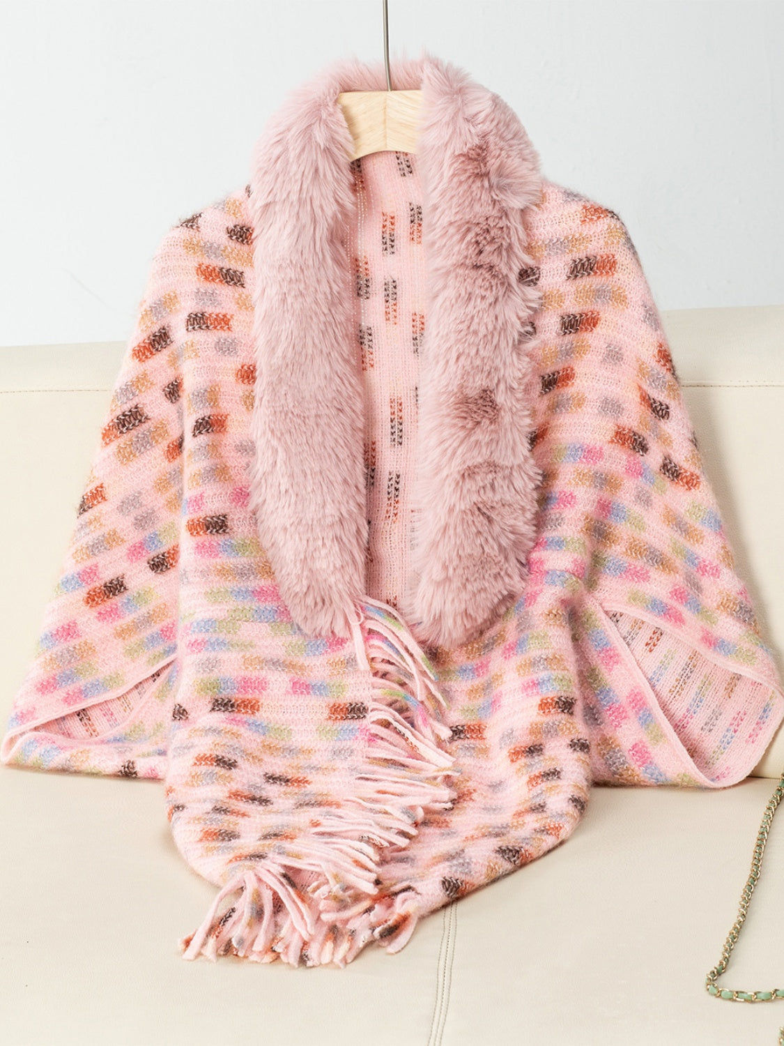 Fringe Fuzzy Open Front Poncho - Celeste    