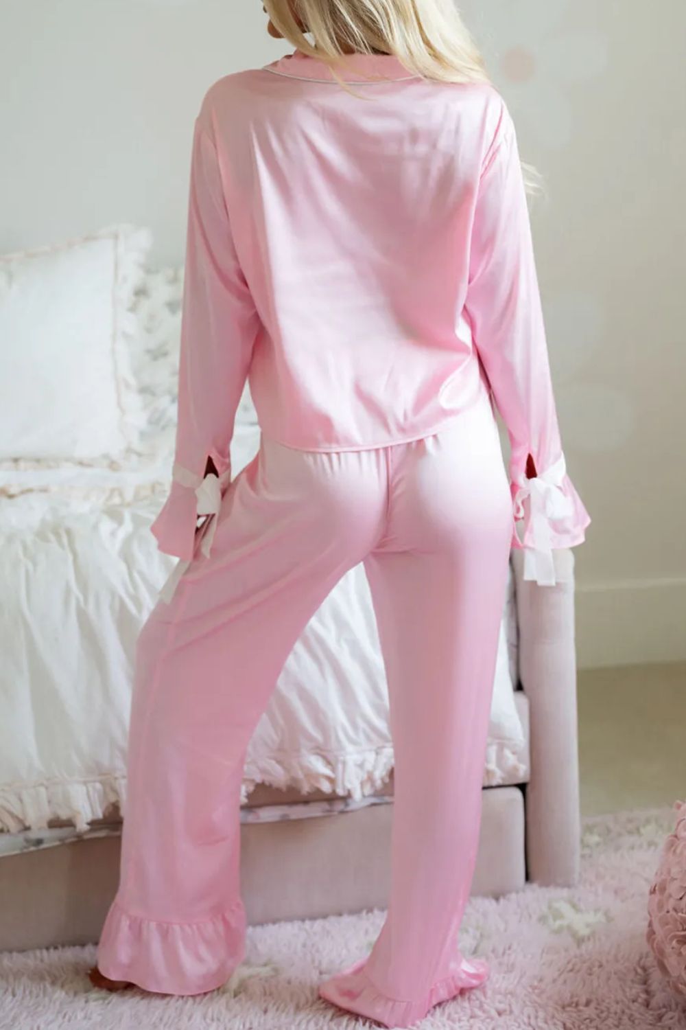 Collared Neck Long Sleeve Top and Pants Lounge Set - Celeste    