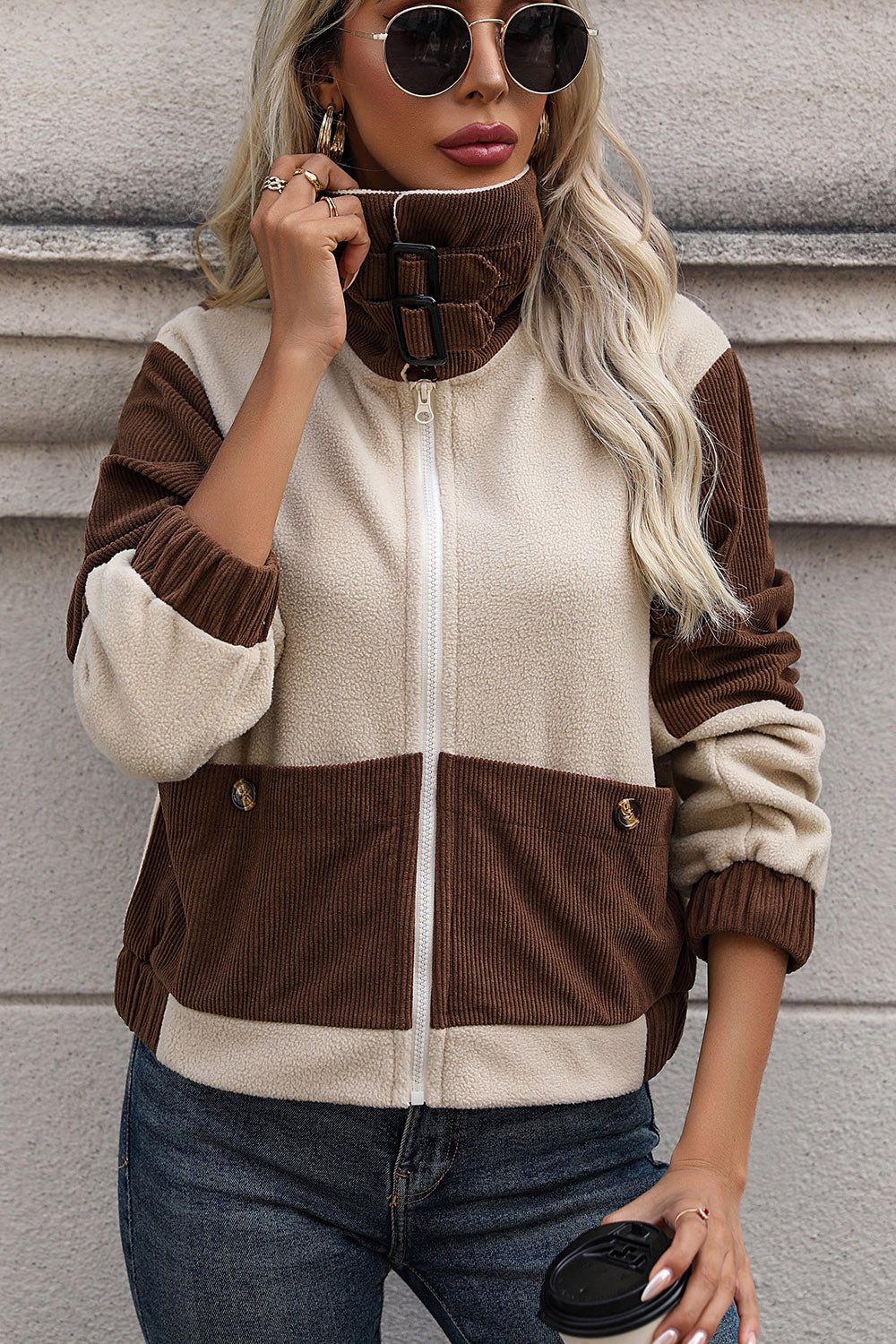 Color Block Zip Up Pocketed Jacket - Celeste    