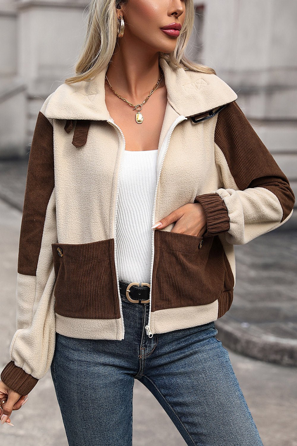 Color Block Zip Up Pocketed Jacket - Celeste    