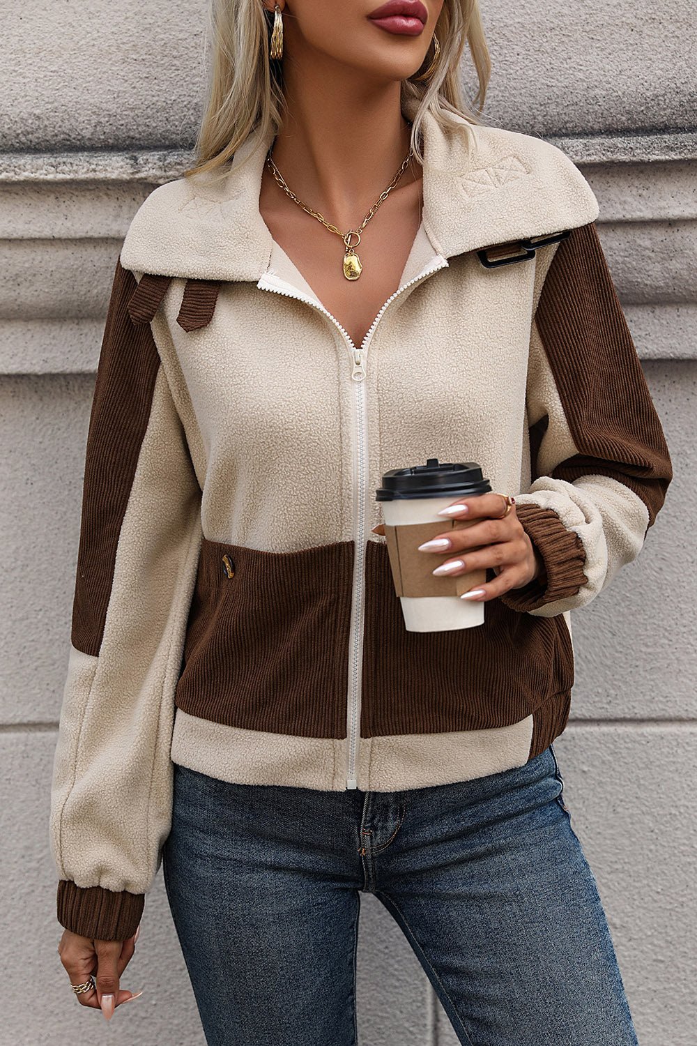 Color Block Zip Up Pocketed Jacket - Celeste    