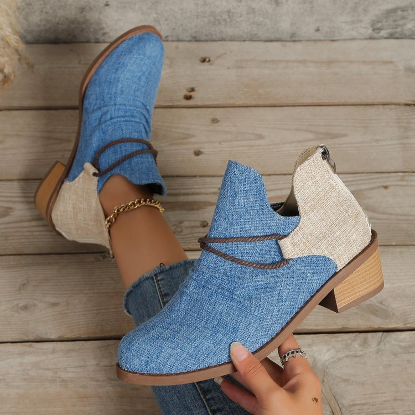 Contrast Canvas Low Heel Boots - Celeste    