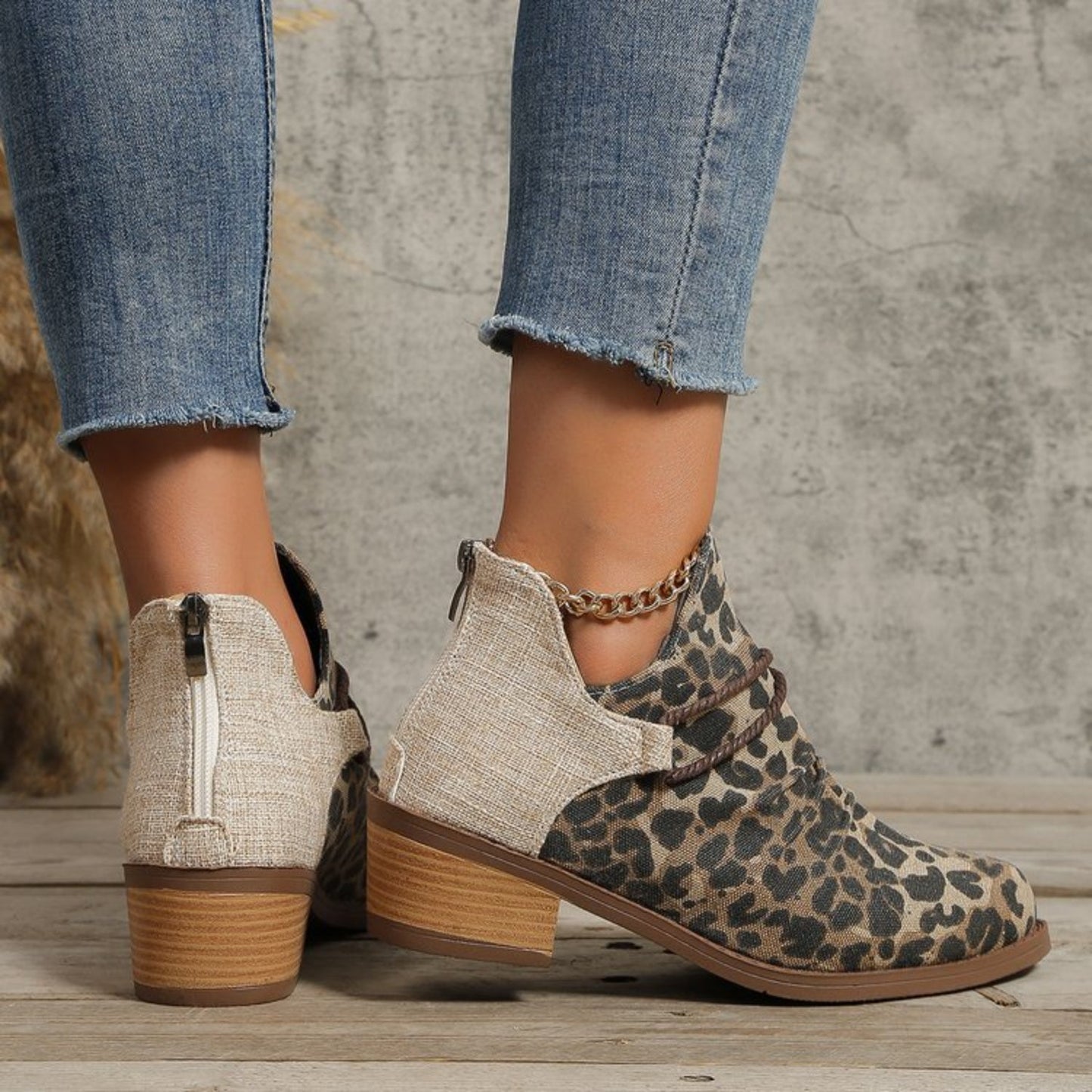 Contrast Canvas Low Heel Boots - Celeste    