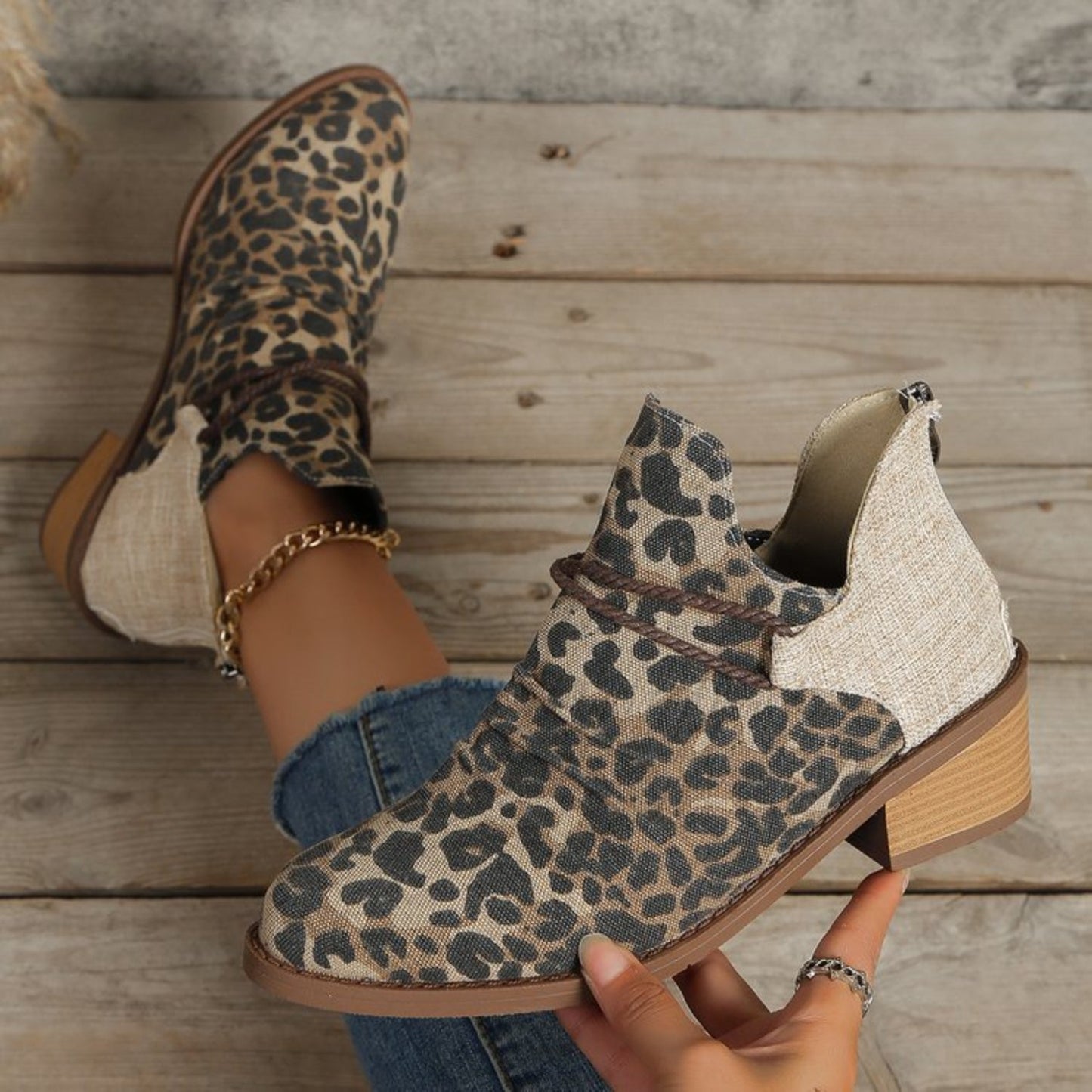 Contrast Canvas Low Heel Boots - Celeste    