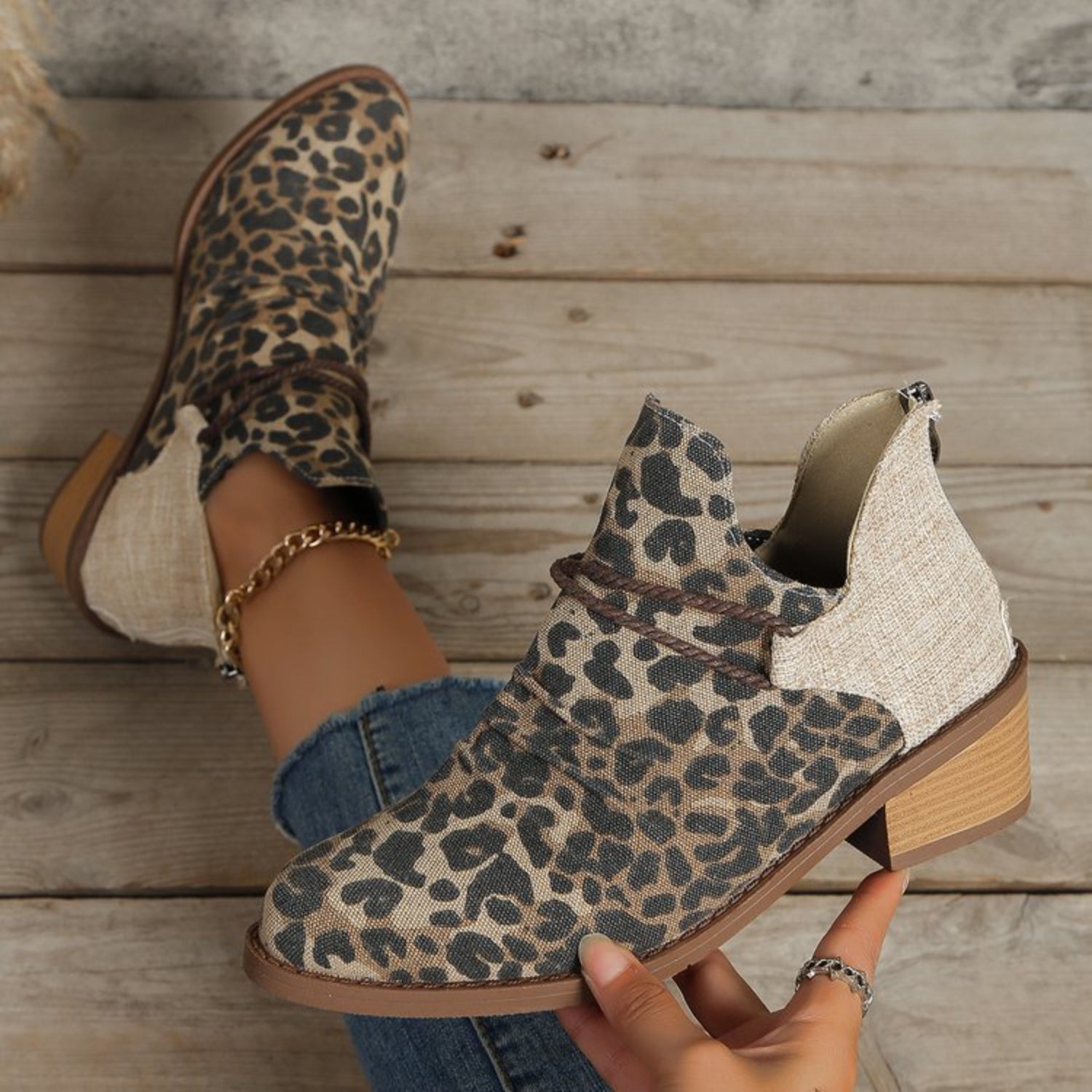 Contrast Canvas Low Heel Boots - Celeste    