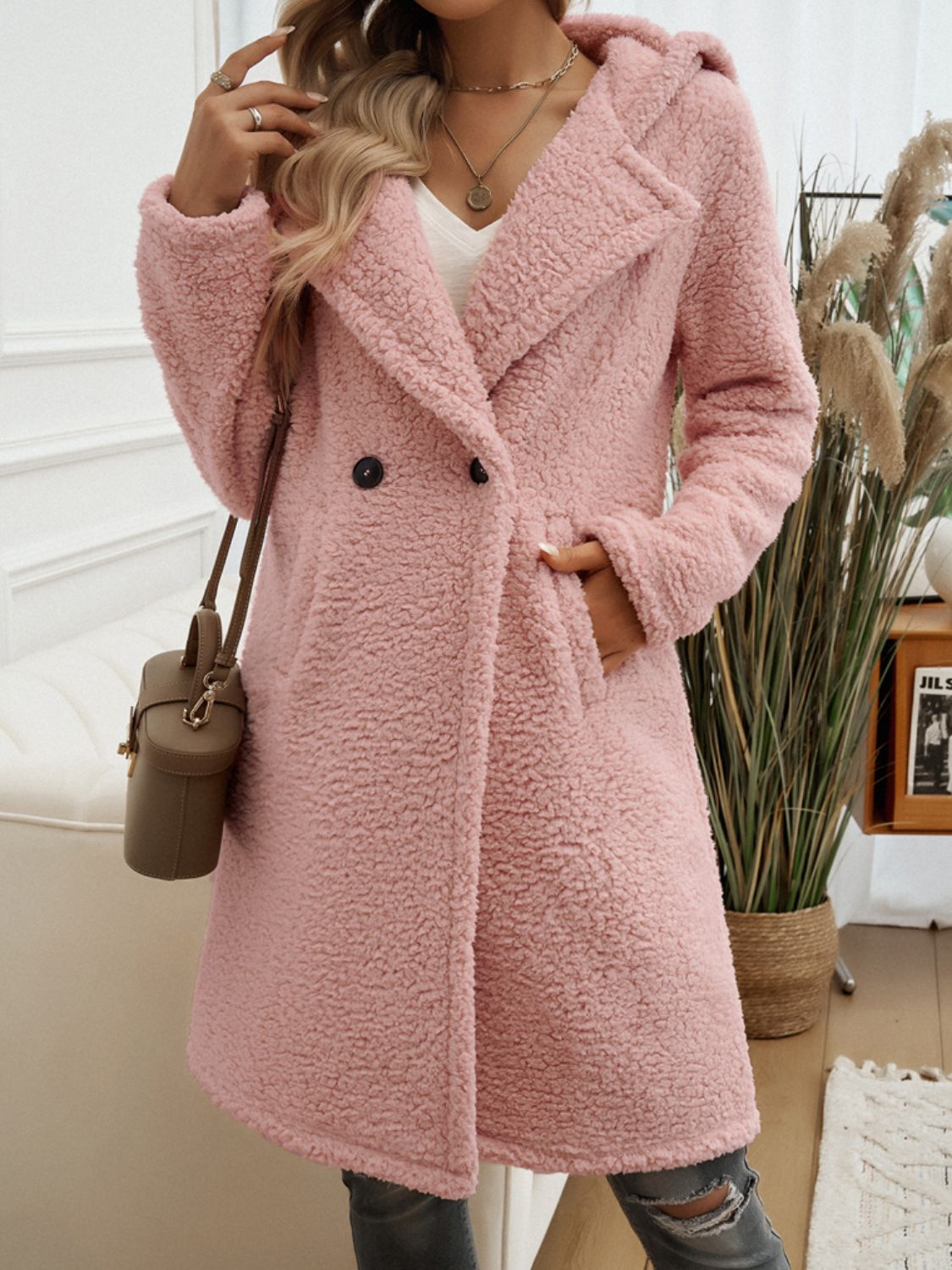 Devine Pocketed Long Sleeve Hooded Teddy Coat - Celeste    