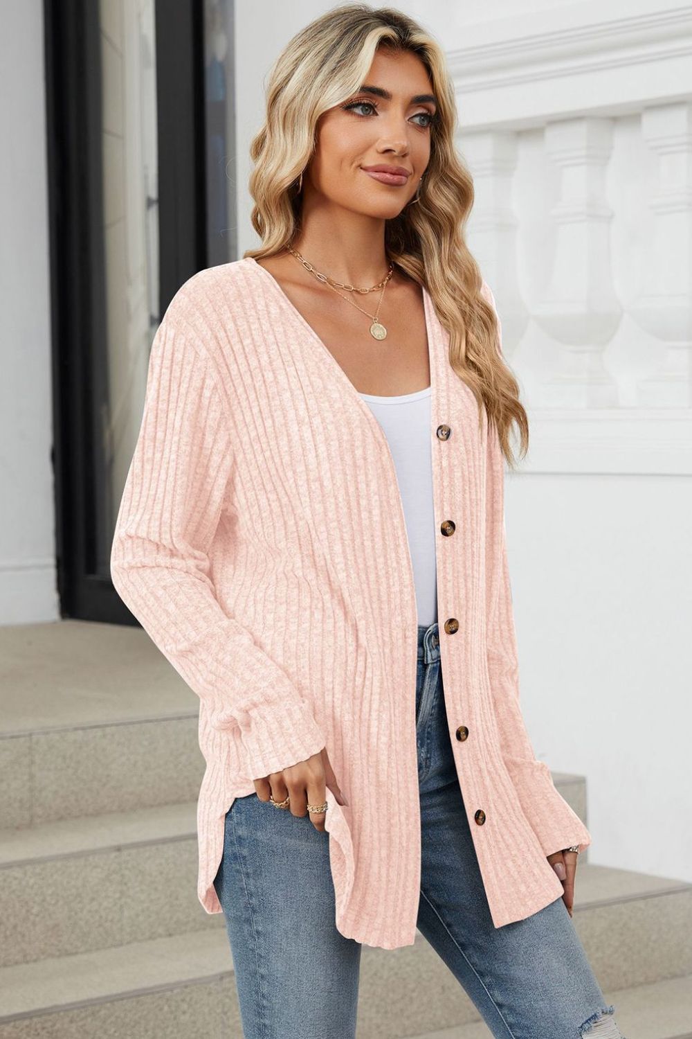 Loose Button Up Long Sleeve Cardigan - Celeste  Sweaters & Cardigans/Cardigans  