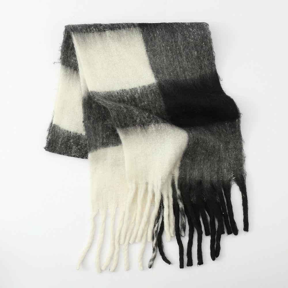 Fringe Contrast Plaid Polyester Scarf - Celeste    