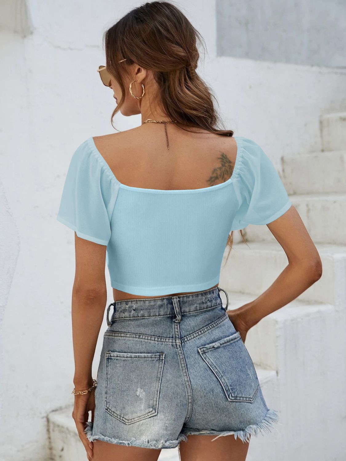 Drawstring Short Sleeve Crop Top - Celeste    