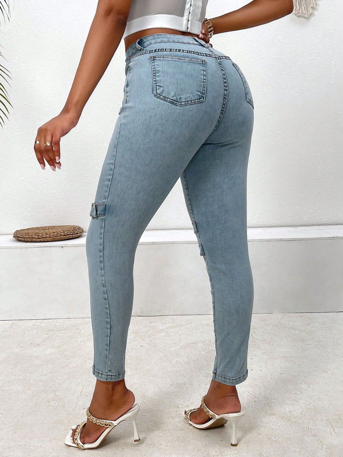Decorative Buckle Skinny Jeans with Pockets - Celeste    