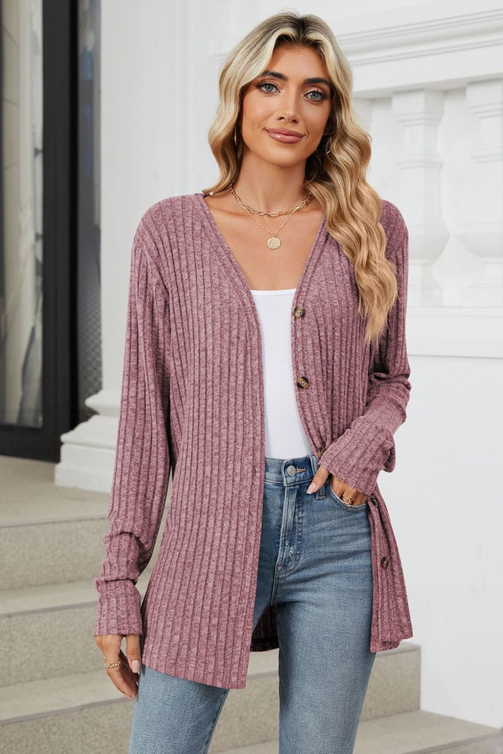 Loose Button Up Long Sleeve Cardigan - Celeste  Sweaters & Cardigans/Cardigans  