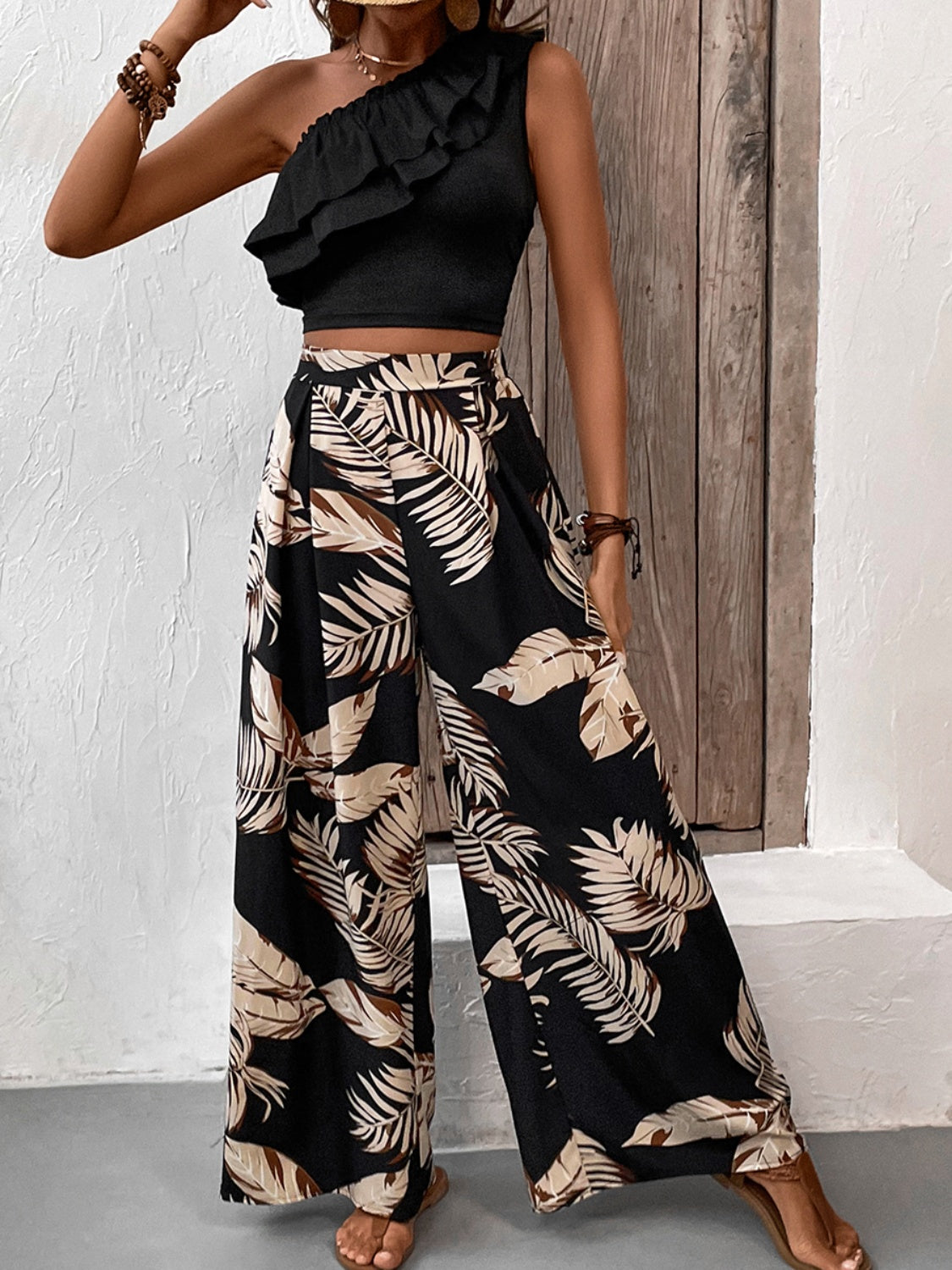 Honey Ruffled Sleeveless Top and Printed Pants Set - Celeste    
