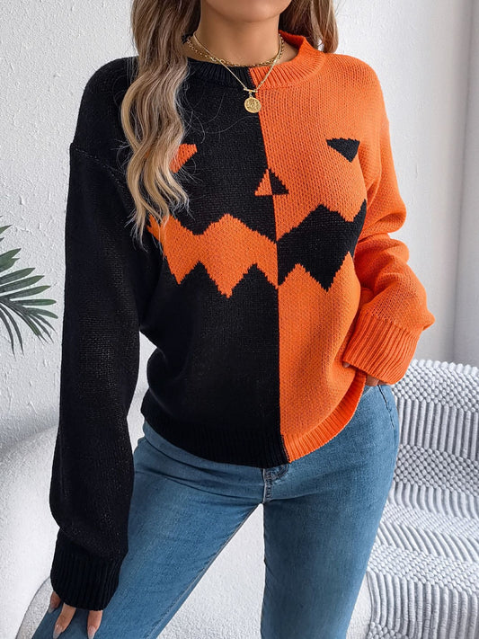 Contrast Round Neck Long Sleeve Sweater - Celeste    
